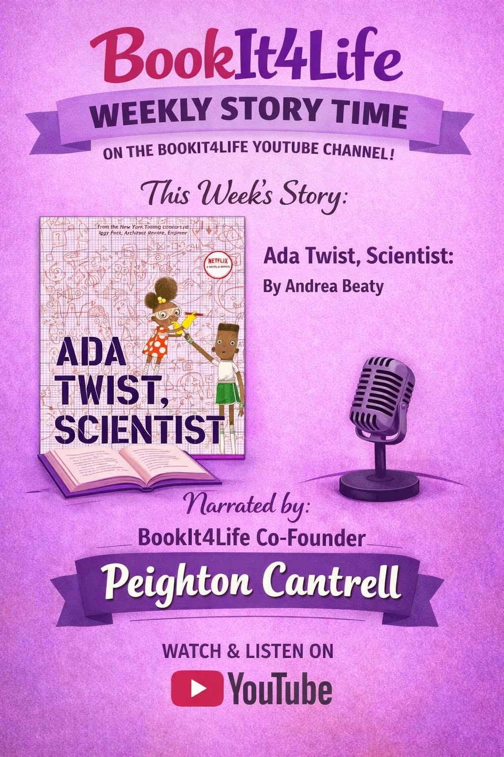 Pink background with text about a weekly story, book cover, microphone, and YouTube logo.