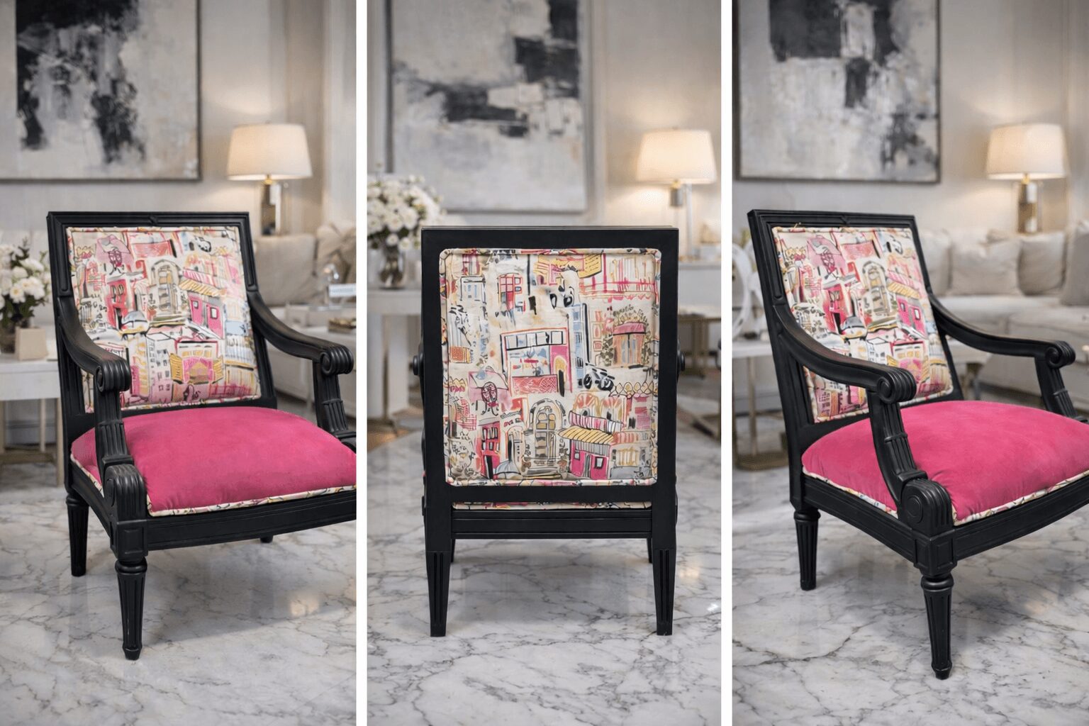 Three views of a black wooden chair with pink cushion and colorful fabric backrest in a living room.