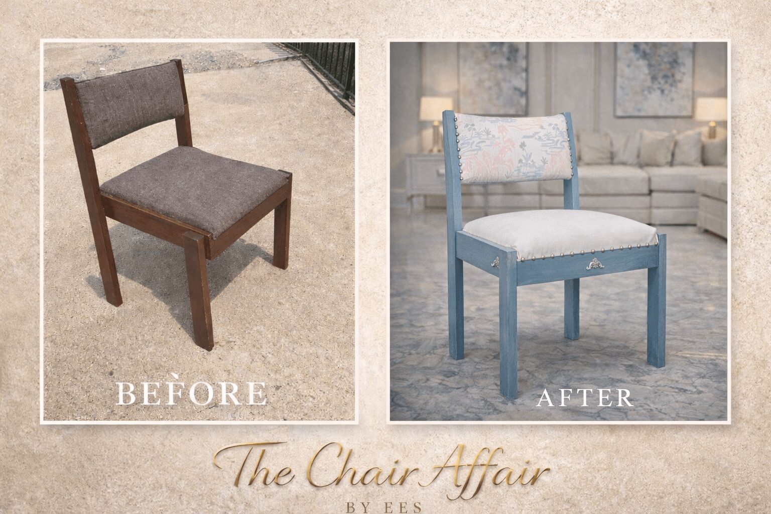 Comparison of a wooden chair before and after reupholstery, showing a change from plain to patterned fabric.