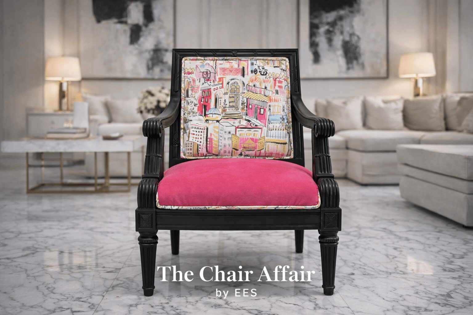 Black wooden chair with colorful patterned backrest and pink cushion in a modern living room.