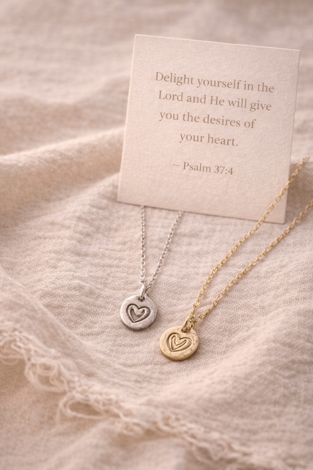 Two necklaces with heart-shaped pendants, one silver and one gold, placed on a soft fabric surface with a card.