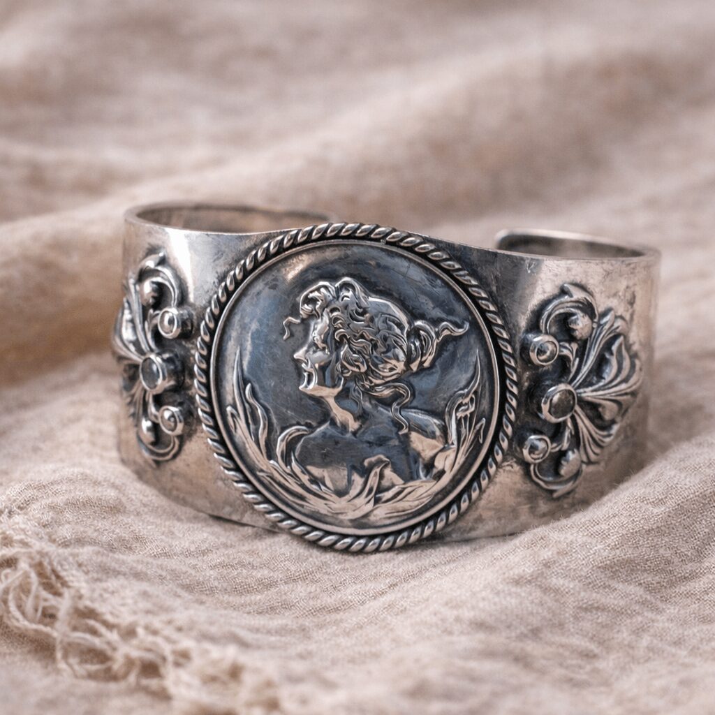 Silver cuff bracelet with a central circular design of a woman riding a horse, surrounded by decorative floral patterns.