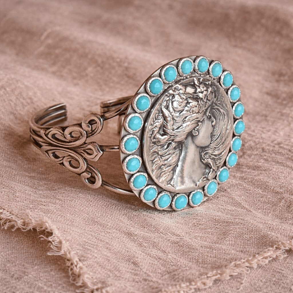 Silver ring with a profile of a woman and turquoise stones around the edge, resting on fabric.