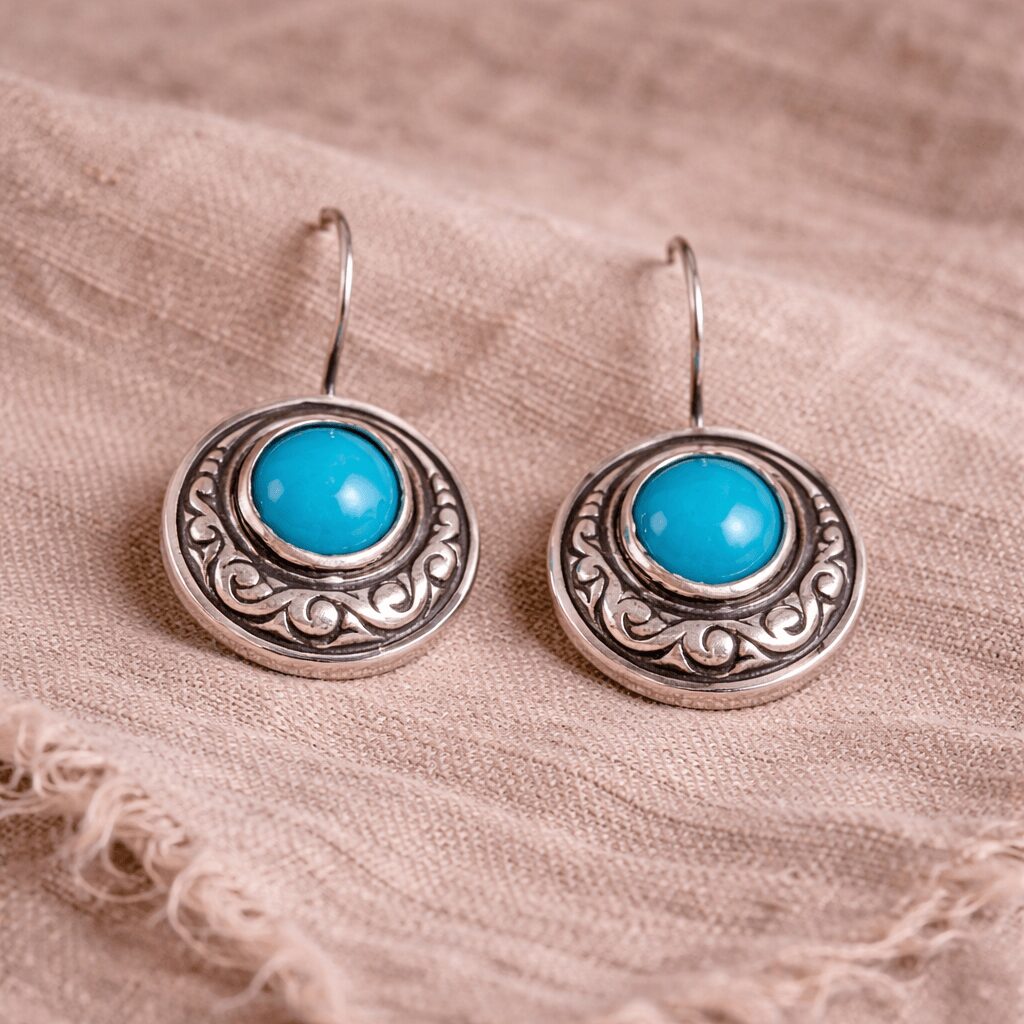 Silver earrings with blue circular stones and intricate swirling patterns, placed on a pink fabric surface.