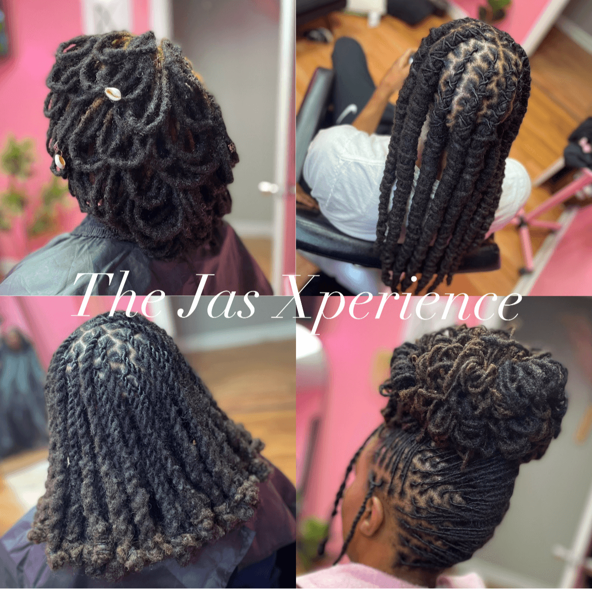 Four different hairstyles featuring various dreadlock and twist styles on women, showcasing diverse hair textures and updos.