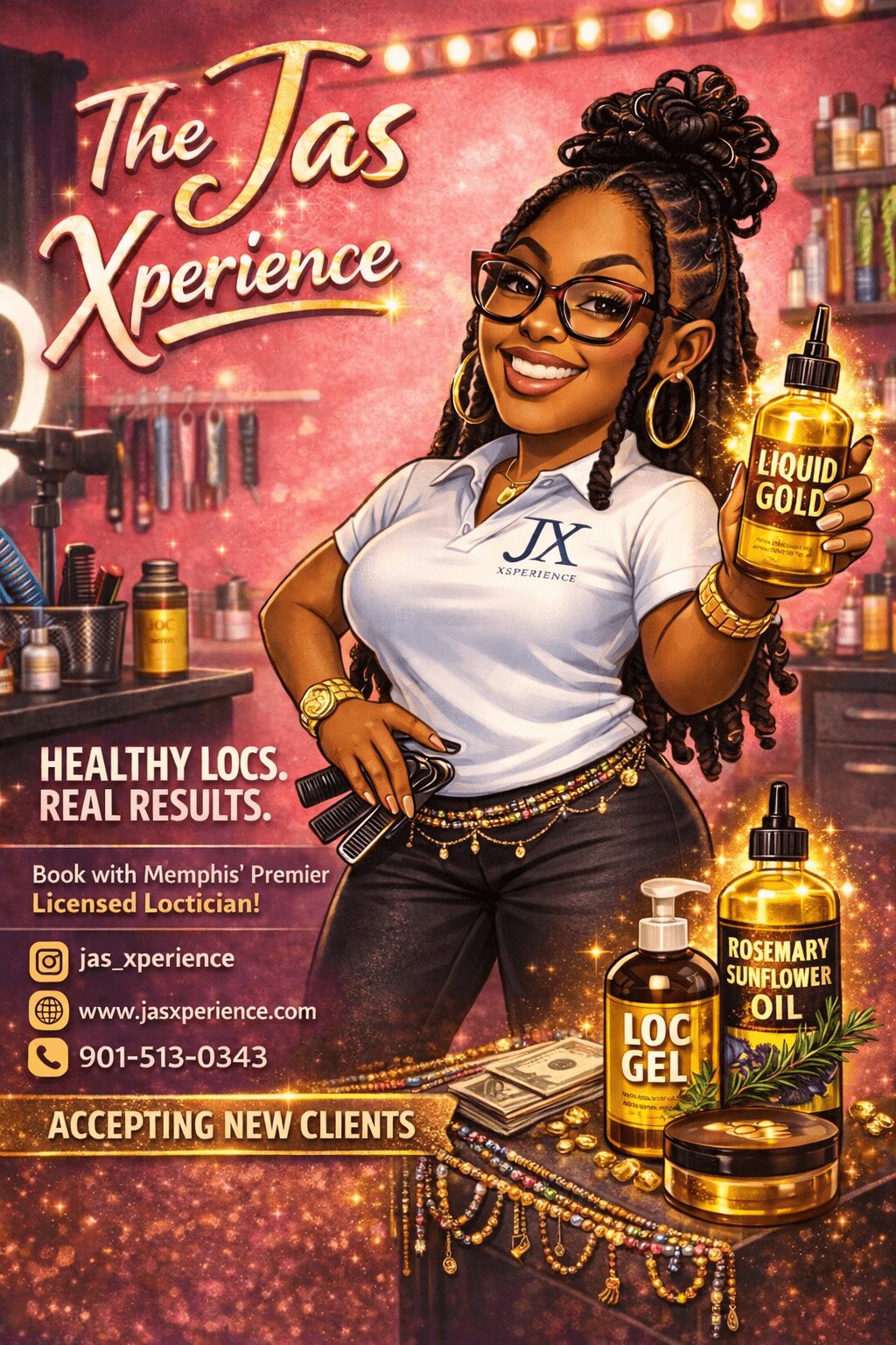 Smiling woman with glasses and braids holding a gold bottle labeled 'Liquid Gold' in a colorful beauty shop.