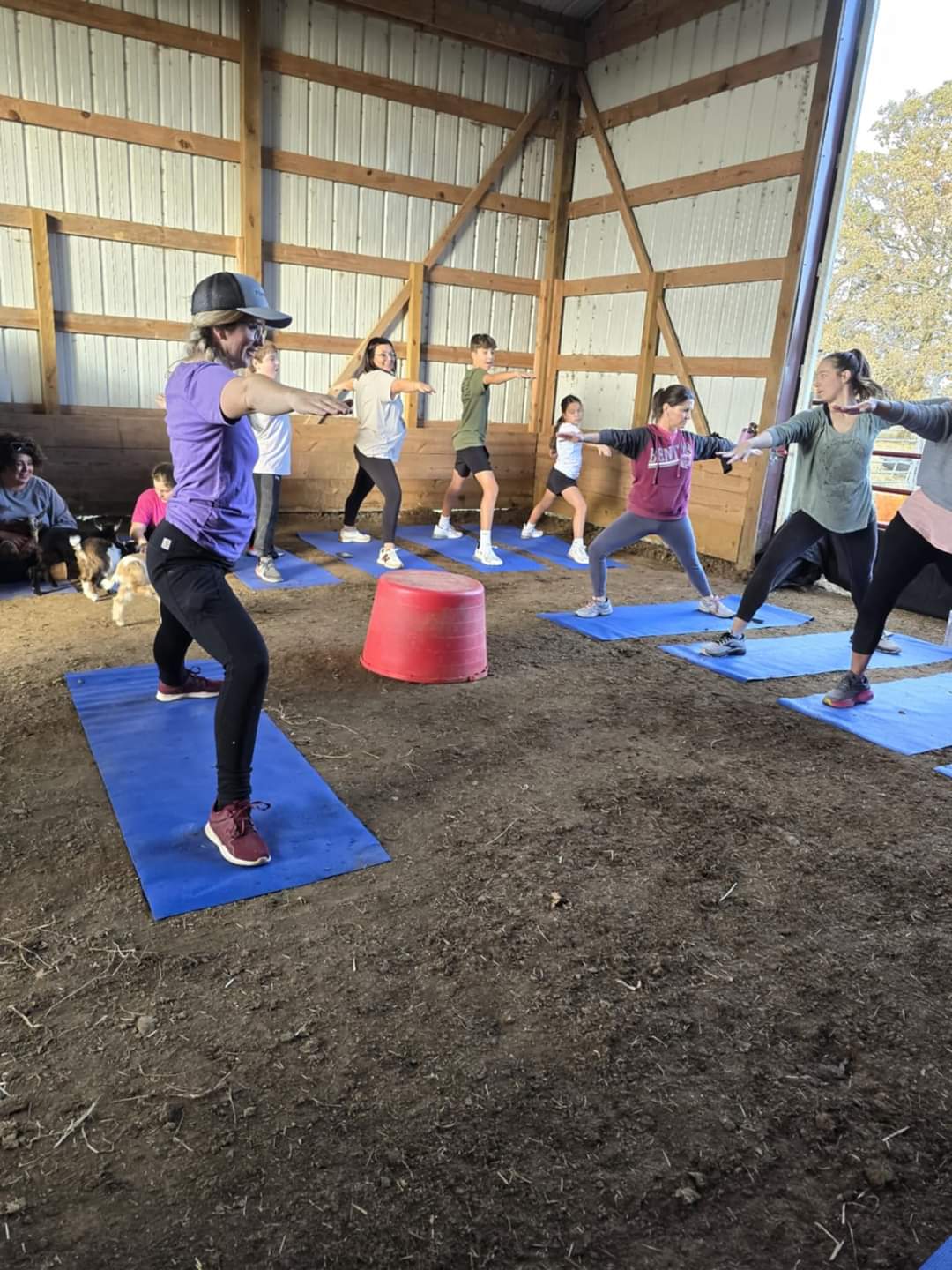 Group of people practicing yoga on mats inside a barn with wooden walls and a dirt floor.