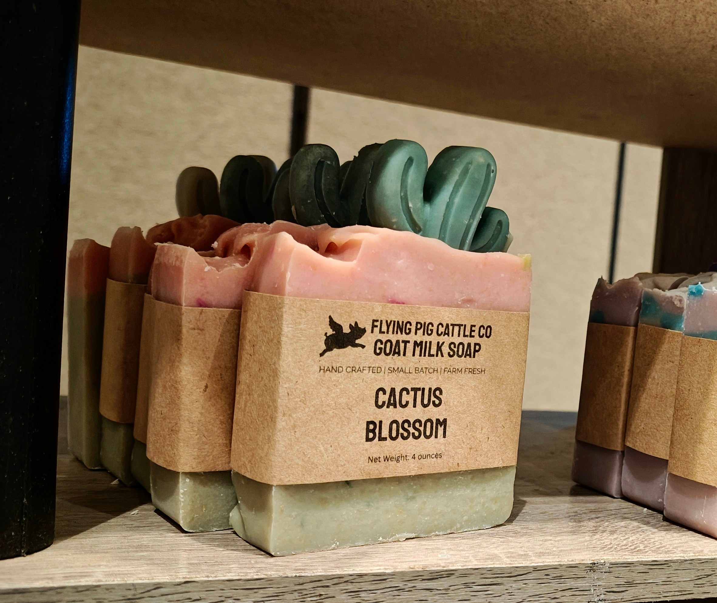 Bar of cactus blossom goat milk soap with green and pink soap layers, labeled with product name and scent, on a shelf.