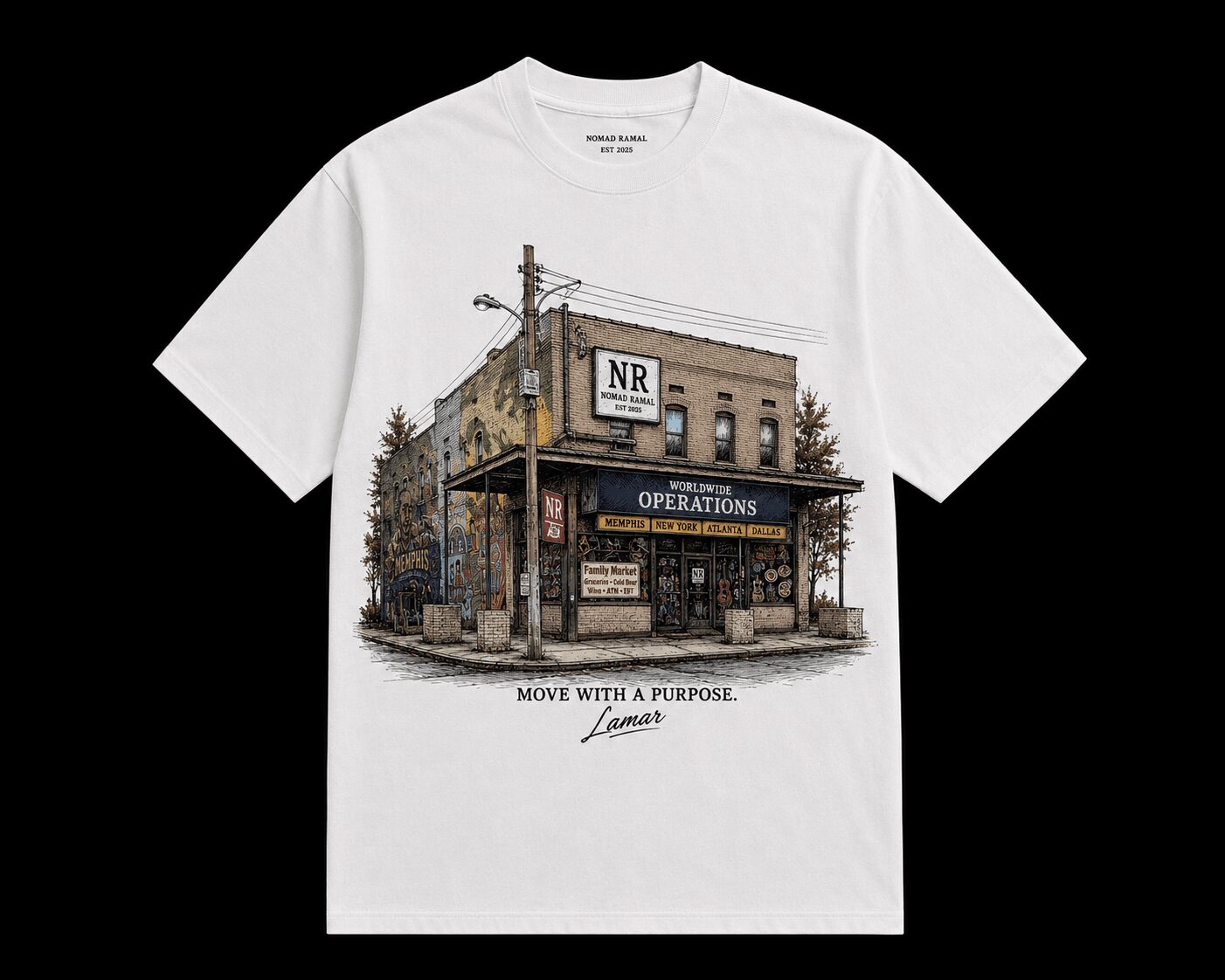 White T-shirt with a building graphic, storefront, and trees, with text below reading 'MOVE WITH A PURPOSE.'