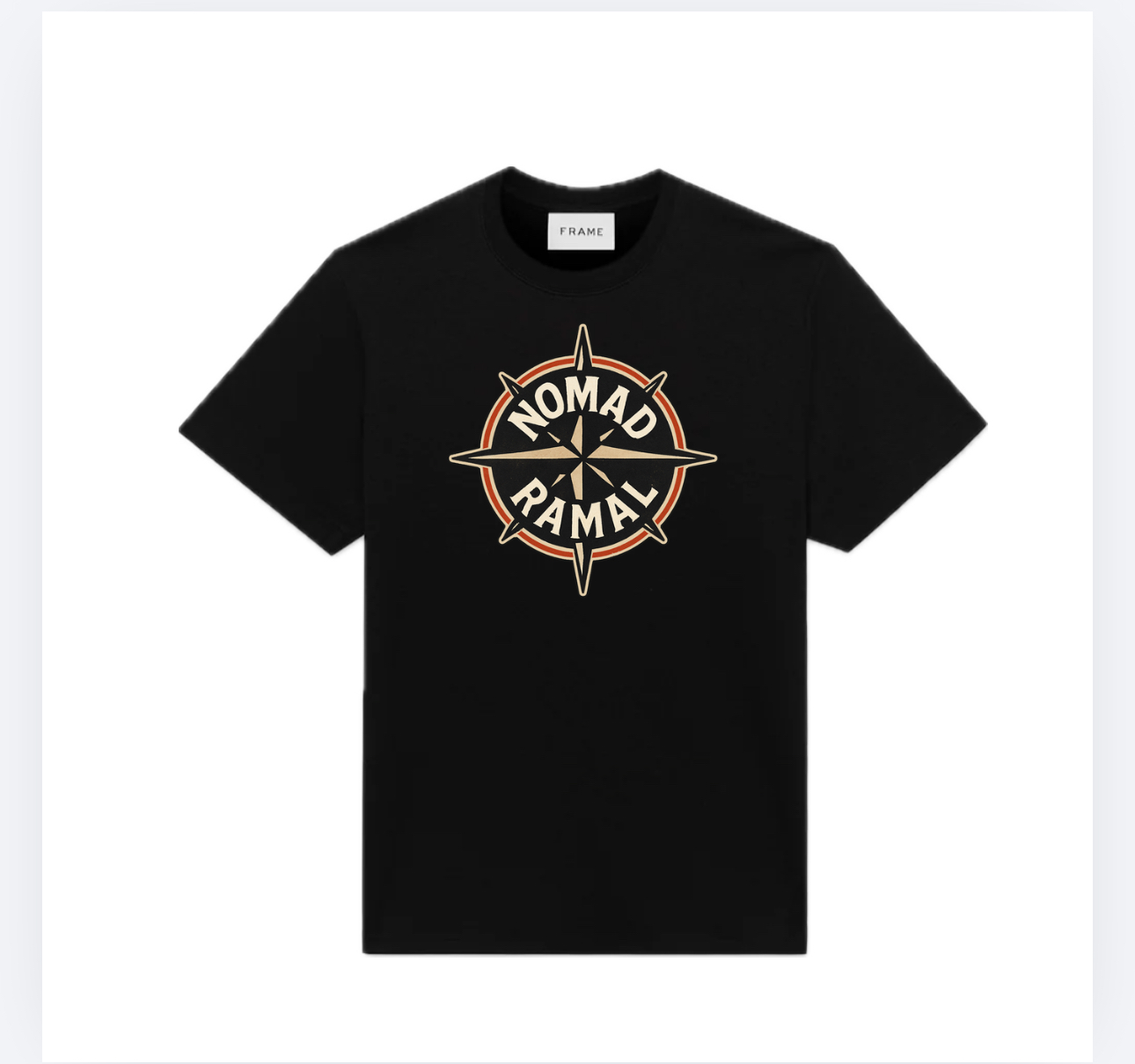 Black T-shirt with a compass design and the words 'Nomad Ramal' in the center.