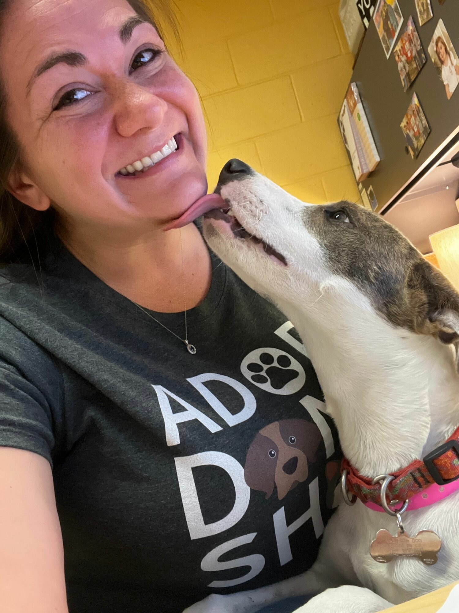Person lying down smiling with a dog licking their face, indoors with a yellow wall and bookshelf in the background.