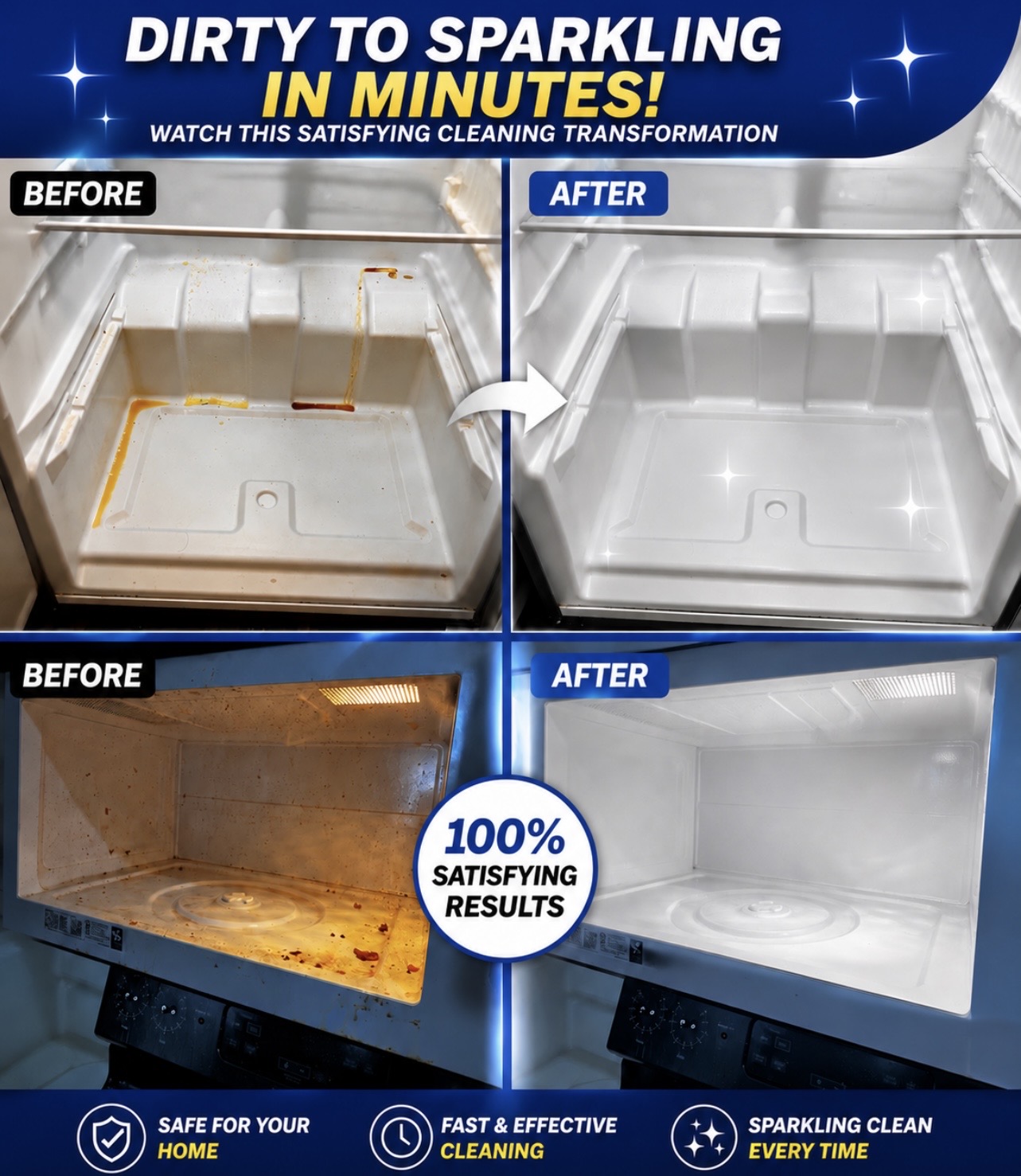 Comparison of dirty and clean washing machine drums, showing cleaning transformation with sparkling results, four images, text, and icons.