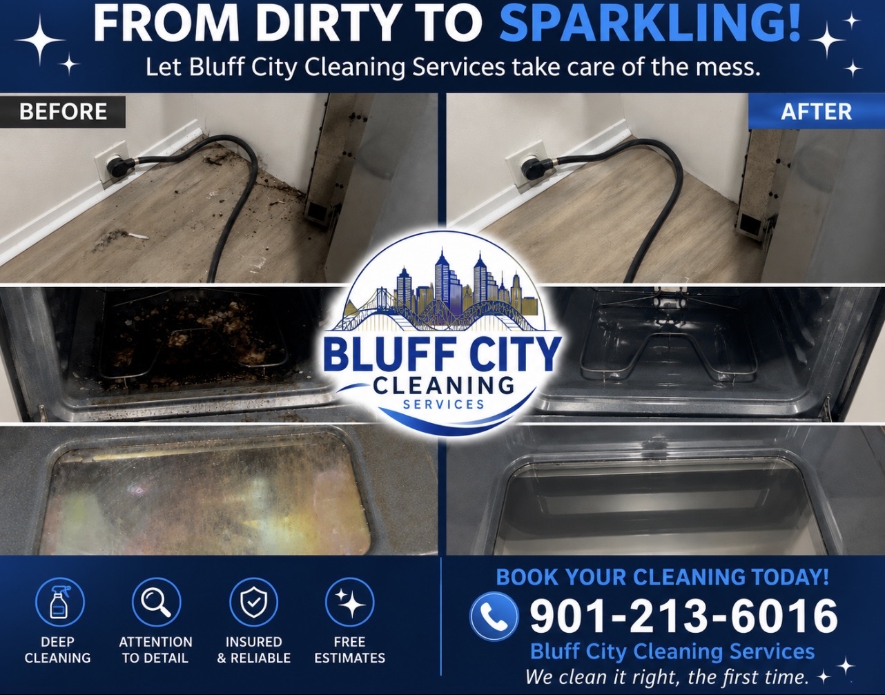 Comparison of dirty and clean surfaces after cleaning service, with logo and contact information for Bluff City Cleaning Services.