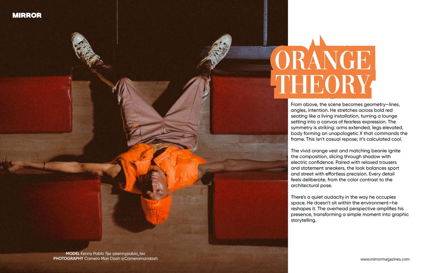 Person lying upside down on a red couch, wearing an orange shirt and gray pants, with text about Orange Theory fitness.
