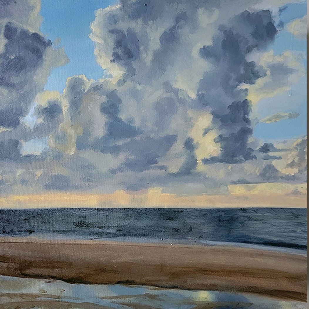Seascape with cloudy sky, ocean, and sandy beach, painted in a realistic style.