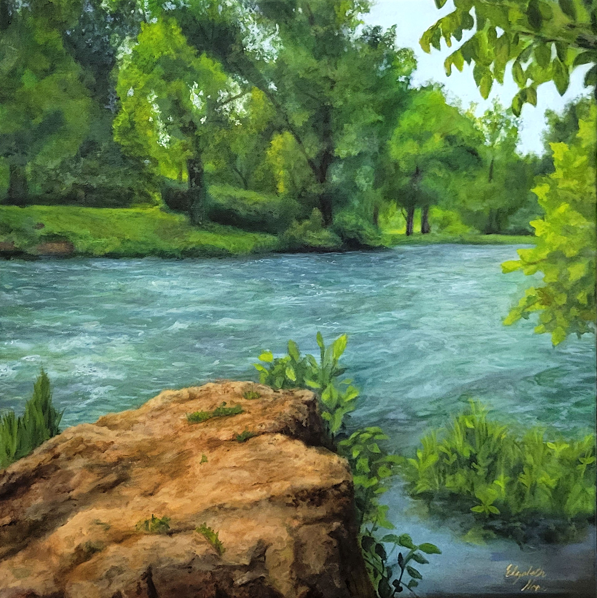 Painting of a river with green trees and a rocky bank, bright sky, and lush vegetation.