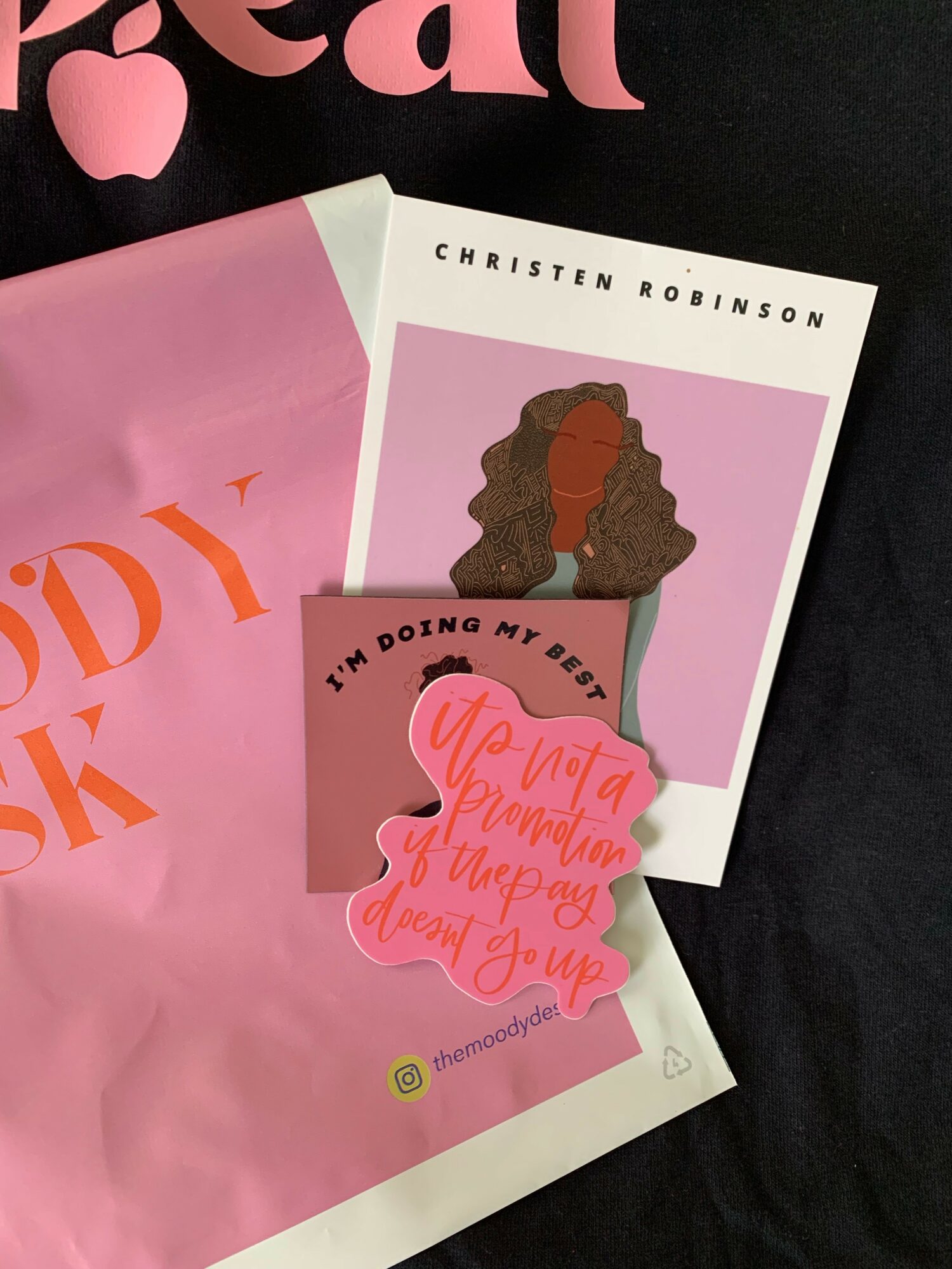 Book cover with illustration of a woman with curly hair, pink background, and text. Pink bag with orange text partially visible.