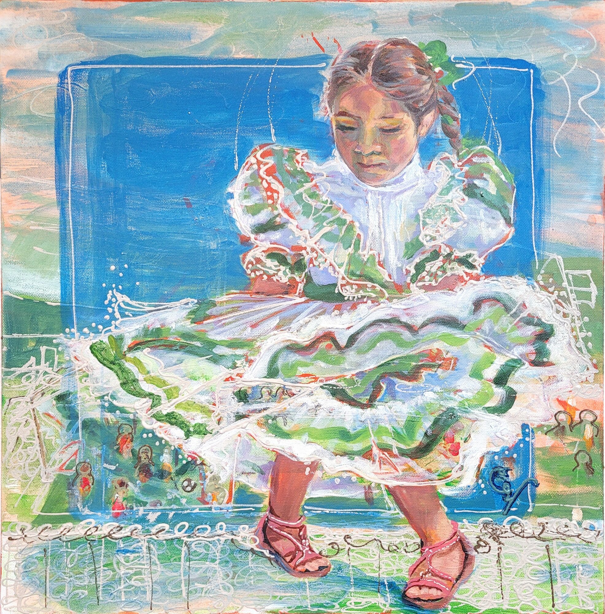 Young girl in a colorful dress sitting on a blue bench, with her eyes closed and hands on her lap, outdoors.