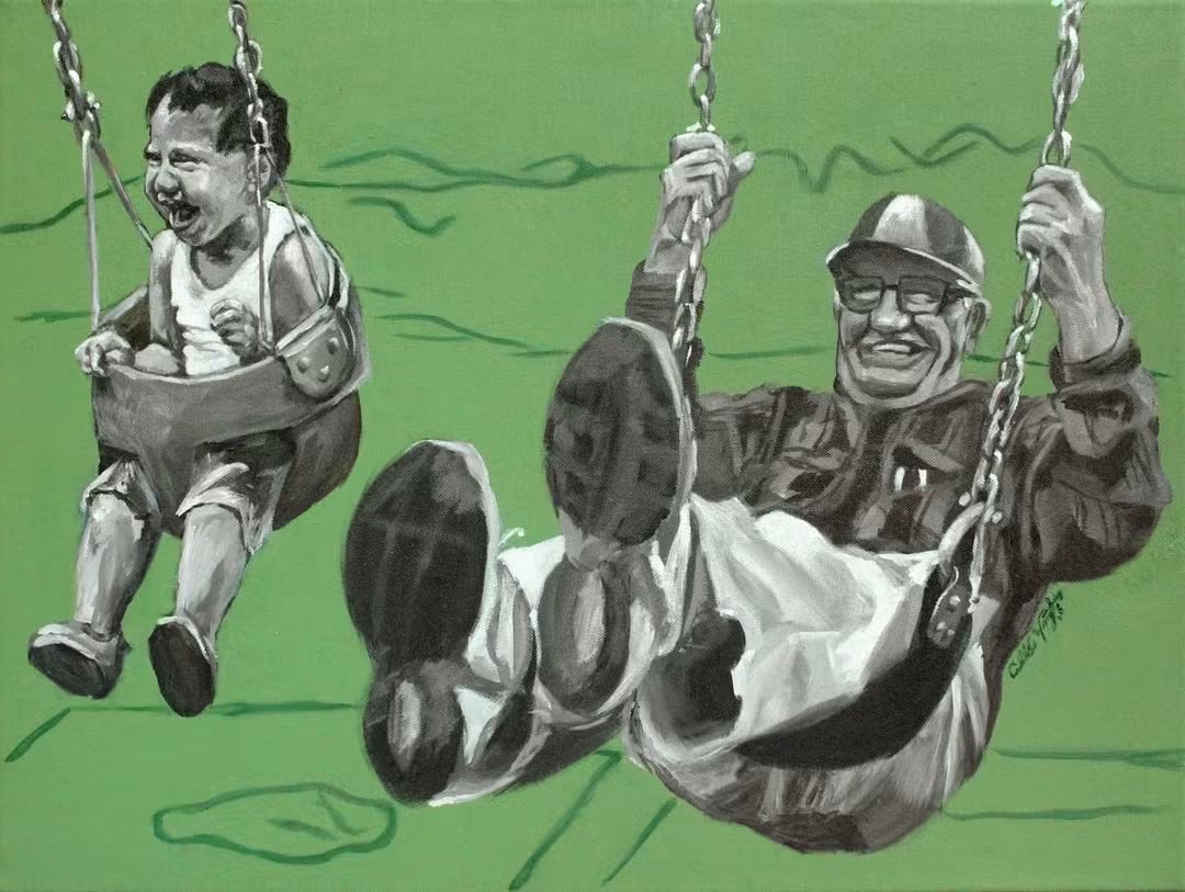 Two people on swings, smiling and enjoying the moment, with a green background. One appears to be a child, the other an adult.