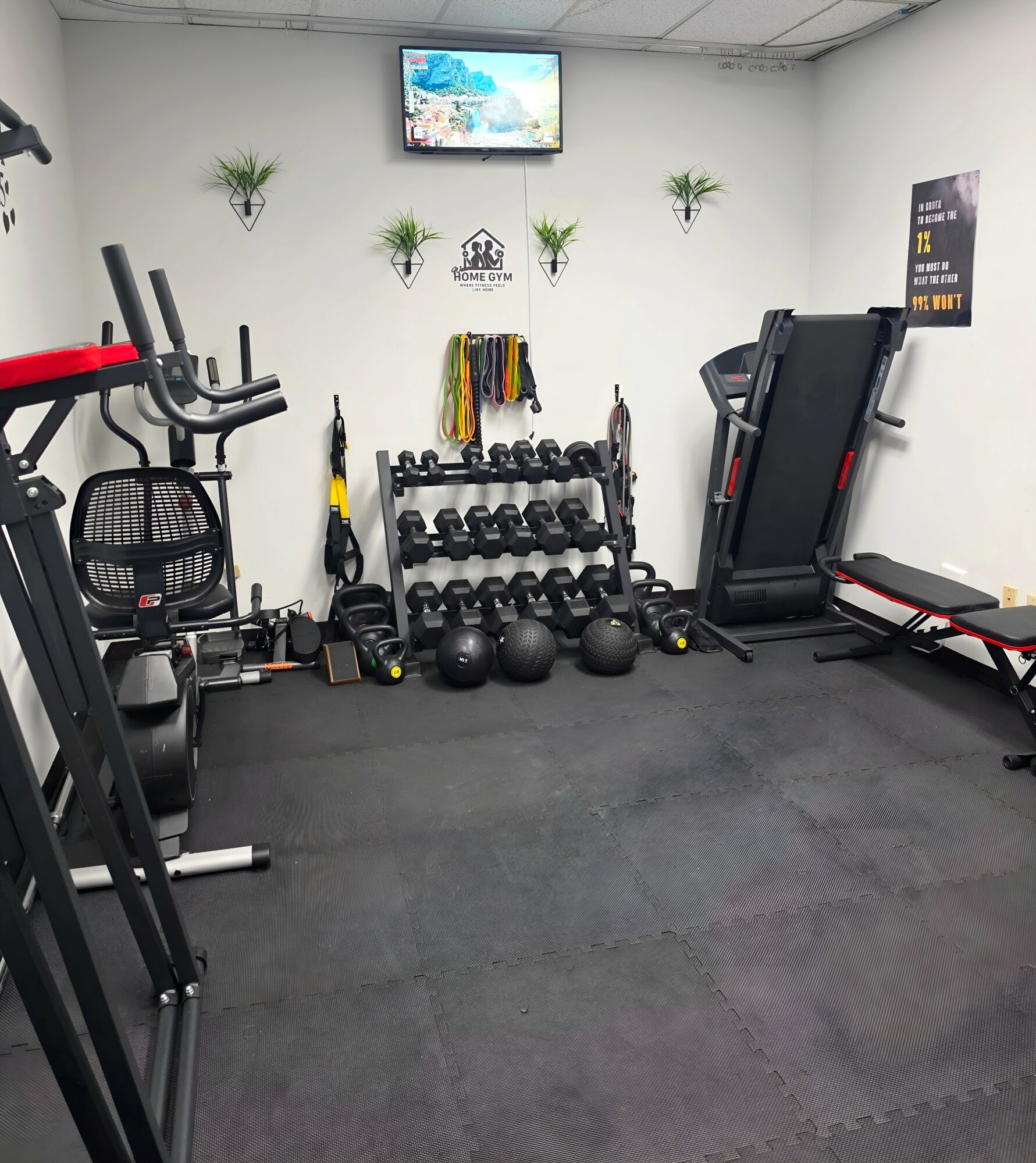 Gym room with exercise equipment, weights, and a TV mounted on the wall, with plants and motivational posters.