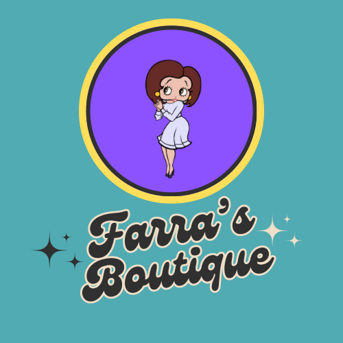 A cartoon girl with brown hair in a white dress, inside a purple circle, with text 'Farra's Boutique' below.