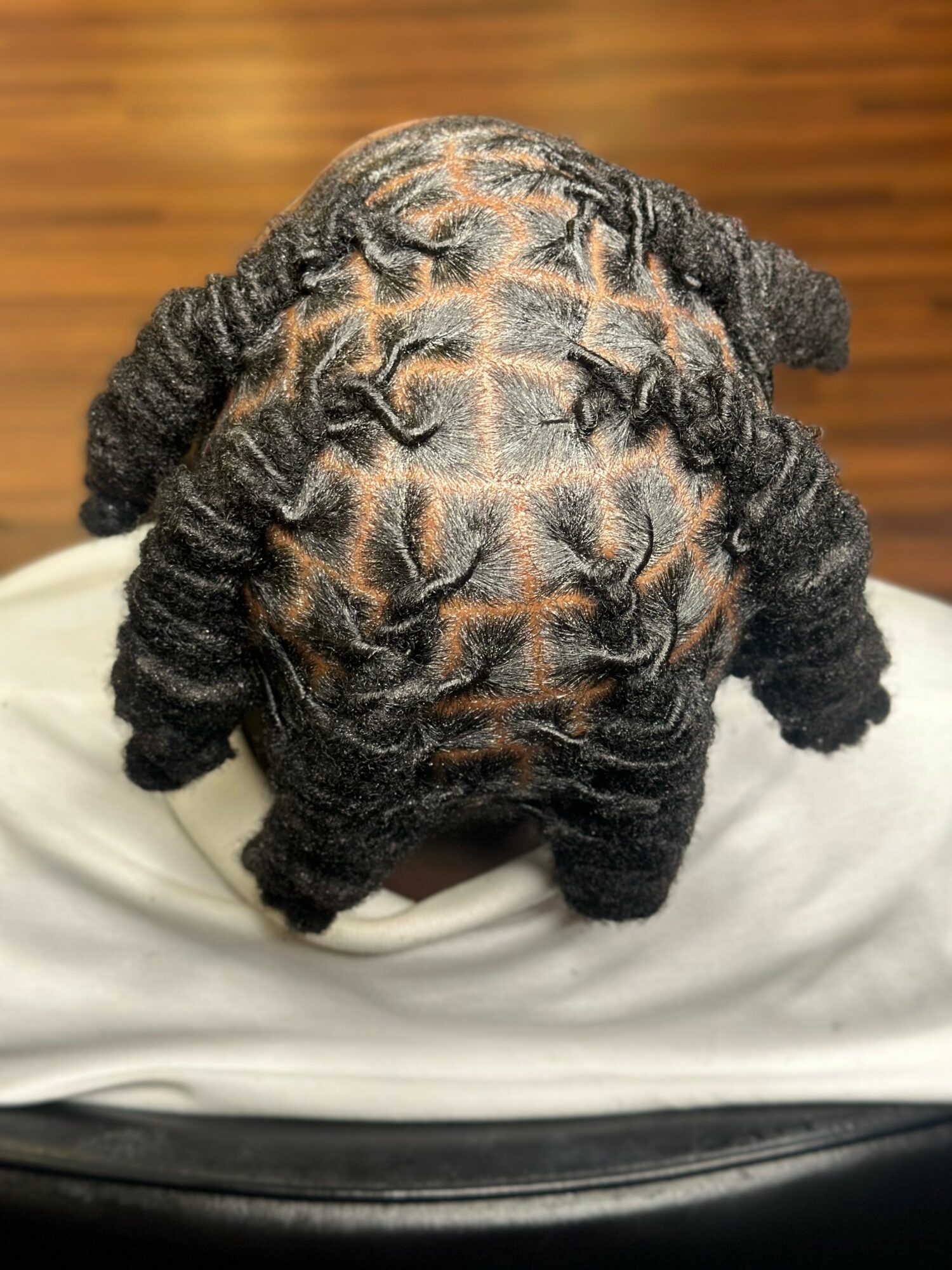 Top view of a person's head with styled, twisted black hair, showing the scalp and hair pattern.