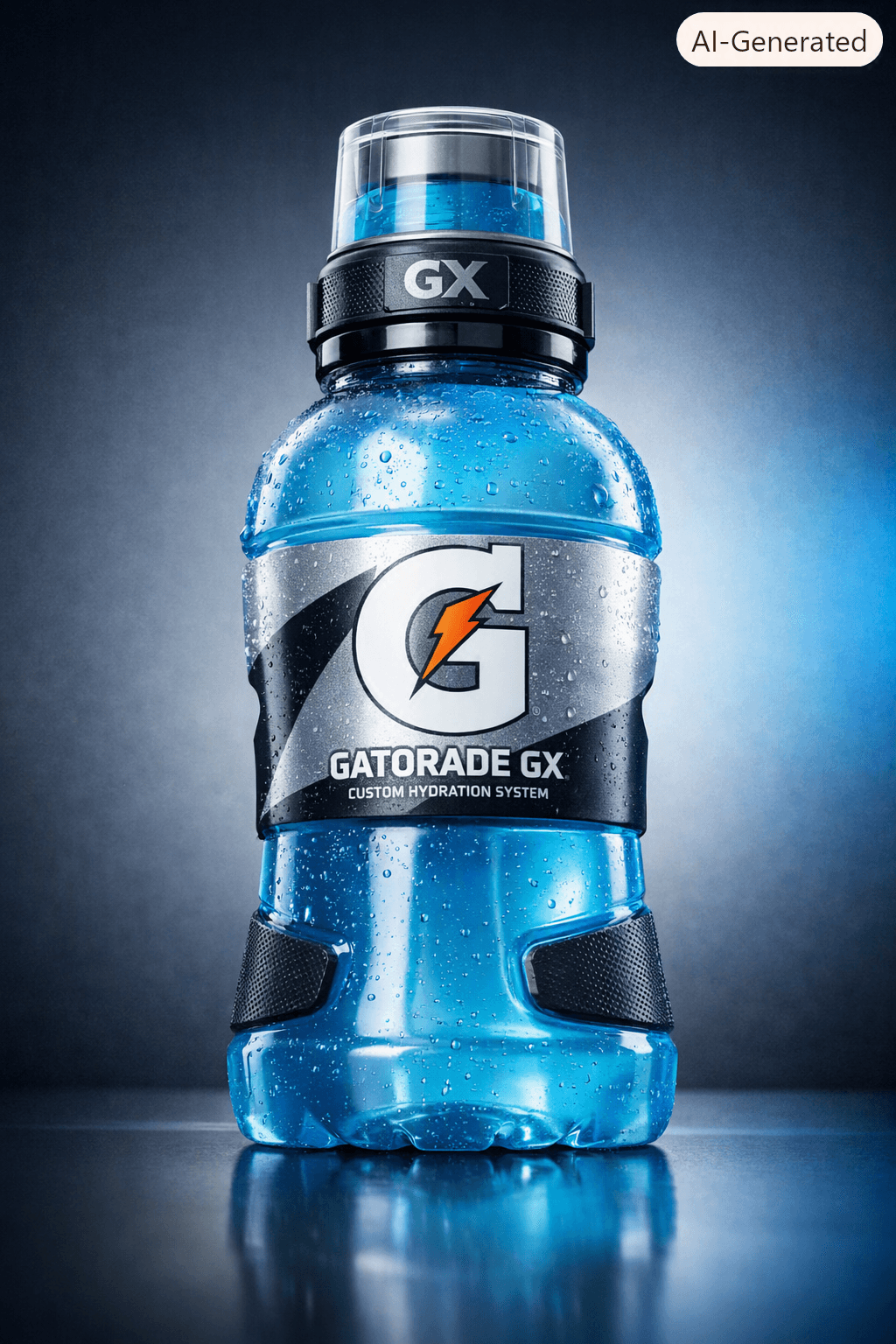 Blue Gatorade GX bottle with black and white label, water droplets on surface, against dark background.