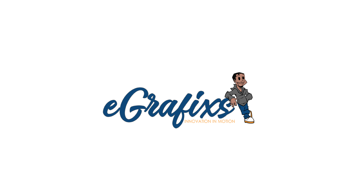 Logo with text 'eGrafix' and a cartoon character holding a camera, on a black background.