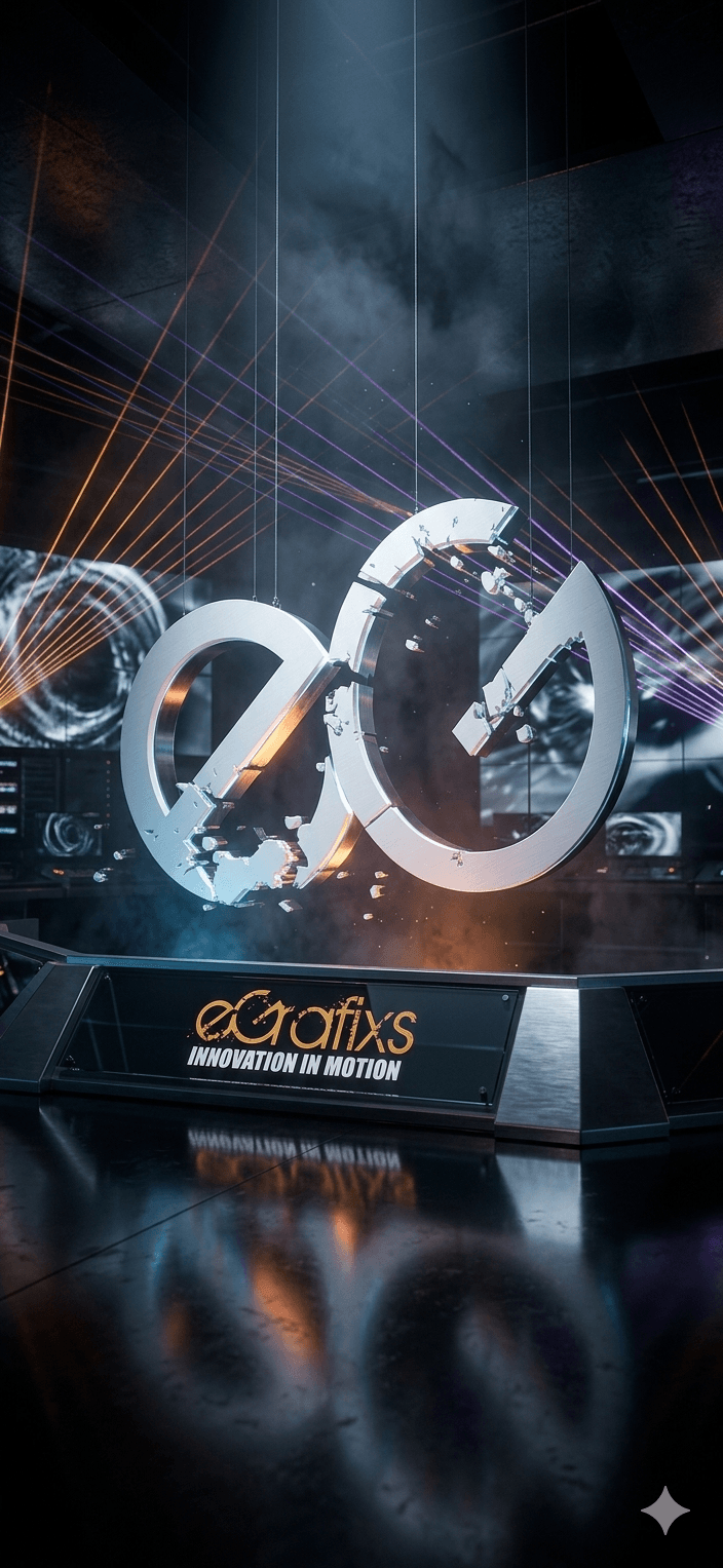 Large illuminated infinity symbol on stage with digital light effects and a dark background.