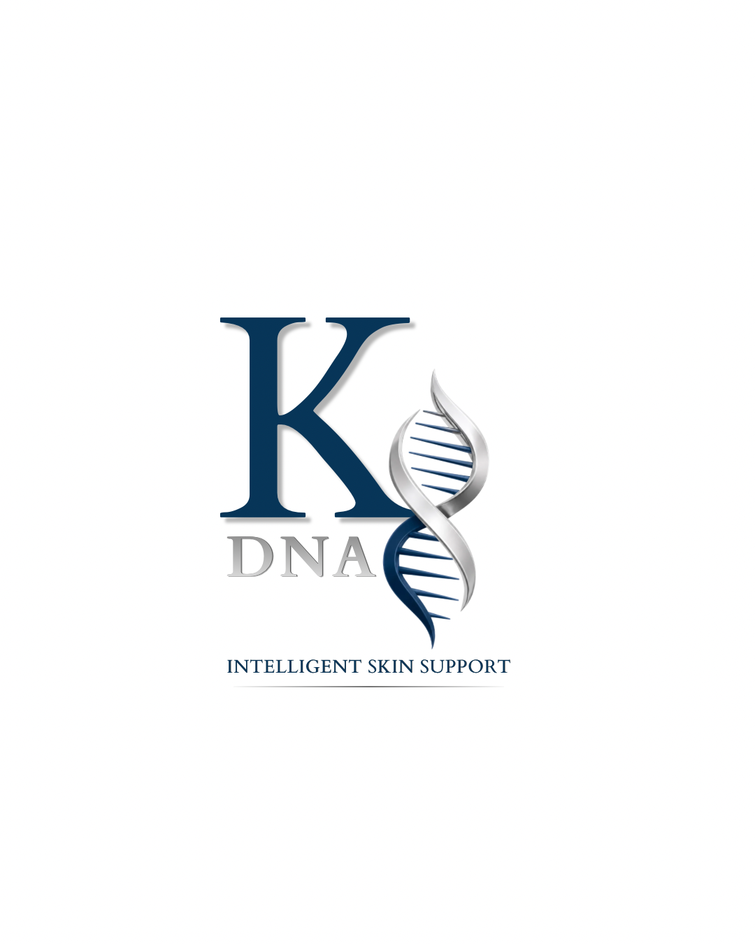 Logo with a large blue letter 'K', a DNA strand, and the words 'DNA' and 'INTELLIGENT SKIN SUPPORT'.