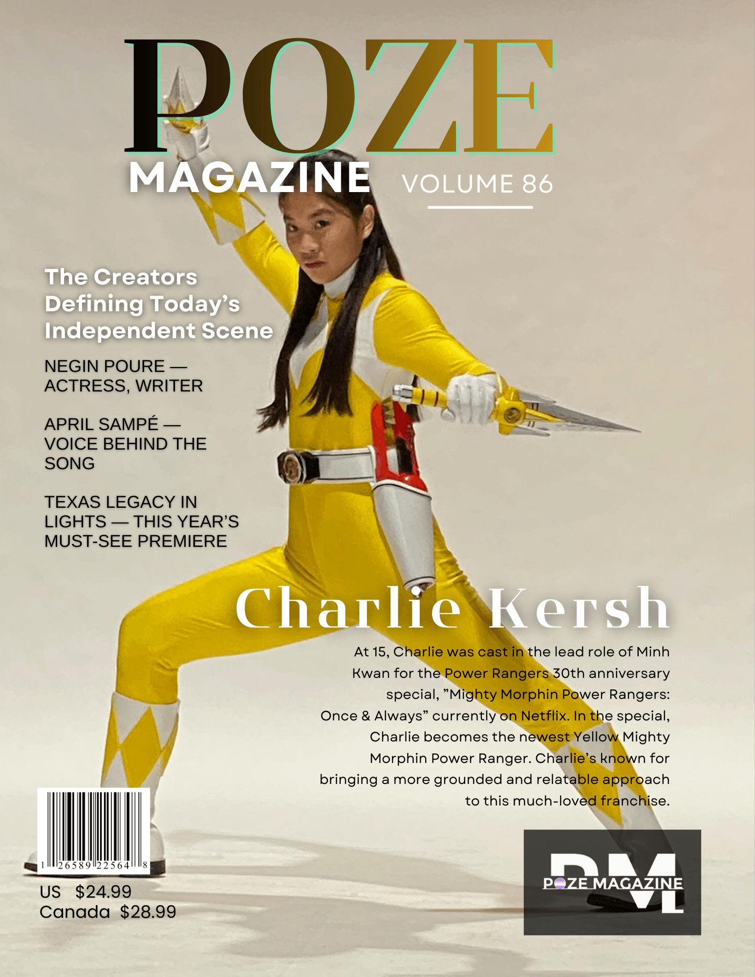 Magazine cover featuring a woman in a yellow and white costume with a futuristic design, holding a prop weapon, standing against a plain background.