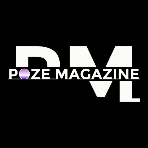 Magazine cover with bold white letters and a purple circle, black background, and text reading 'POZE MAGAZINE'.