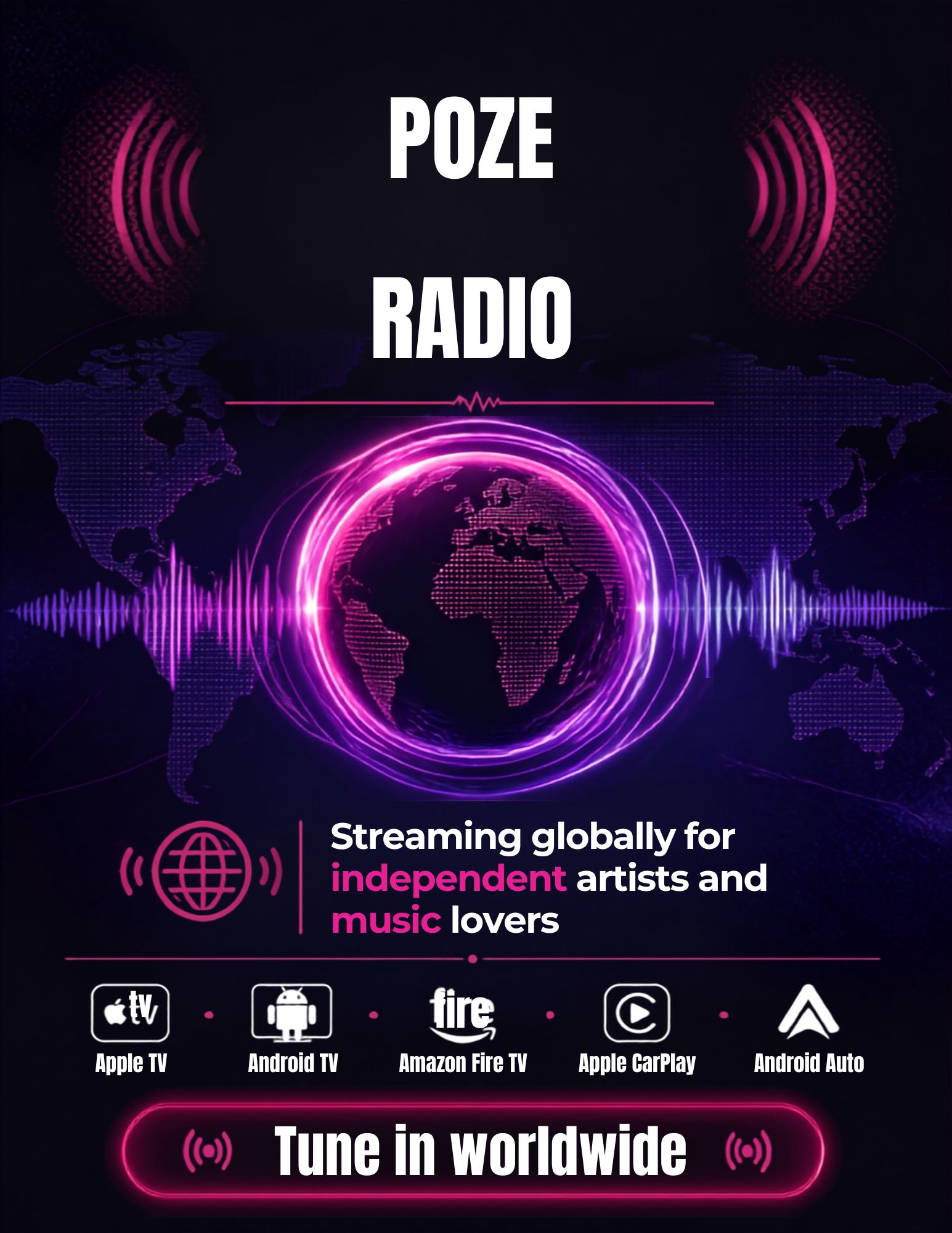 World map with neon purple circle and sound waves, text about global radio streaming, icons for devices, and a call to tune in.
