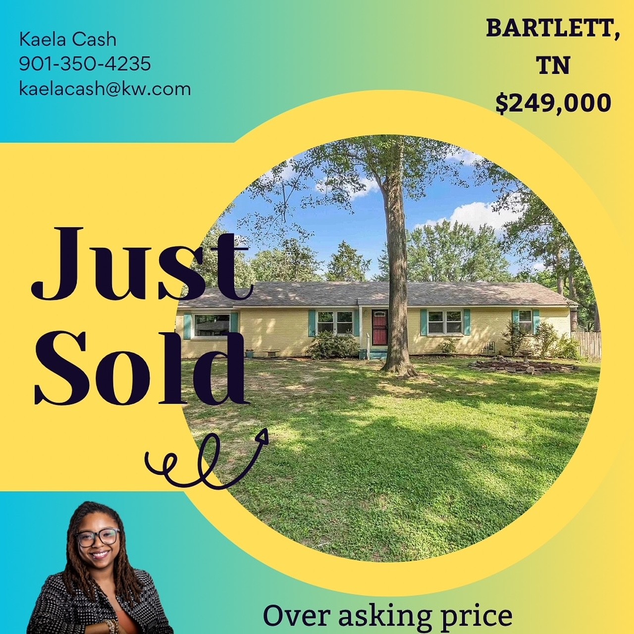 Real estate sign showing house with trees, text 'Just Sold', agent's name, contact, location, price, and 'Over asking price'.