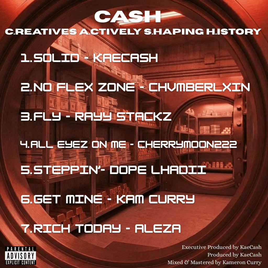 Text on a red background with a circular design, listing music tracks and artists, with parental advisory label.