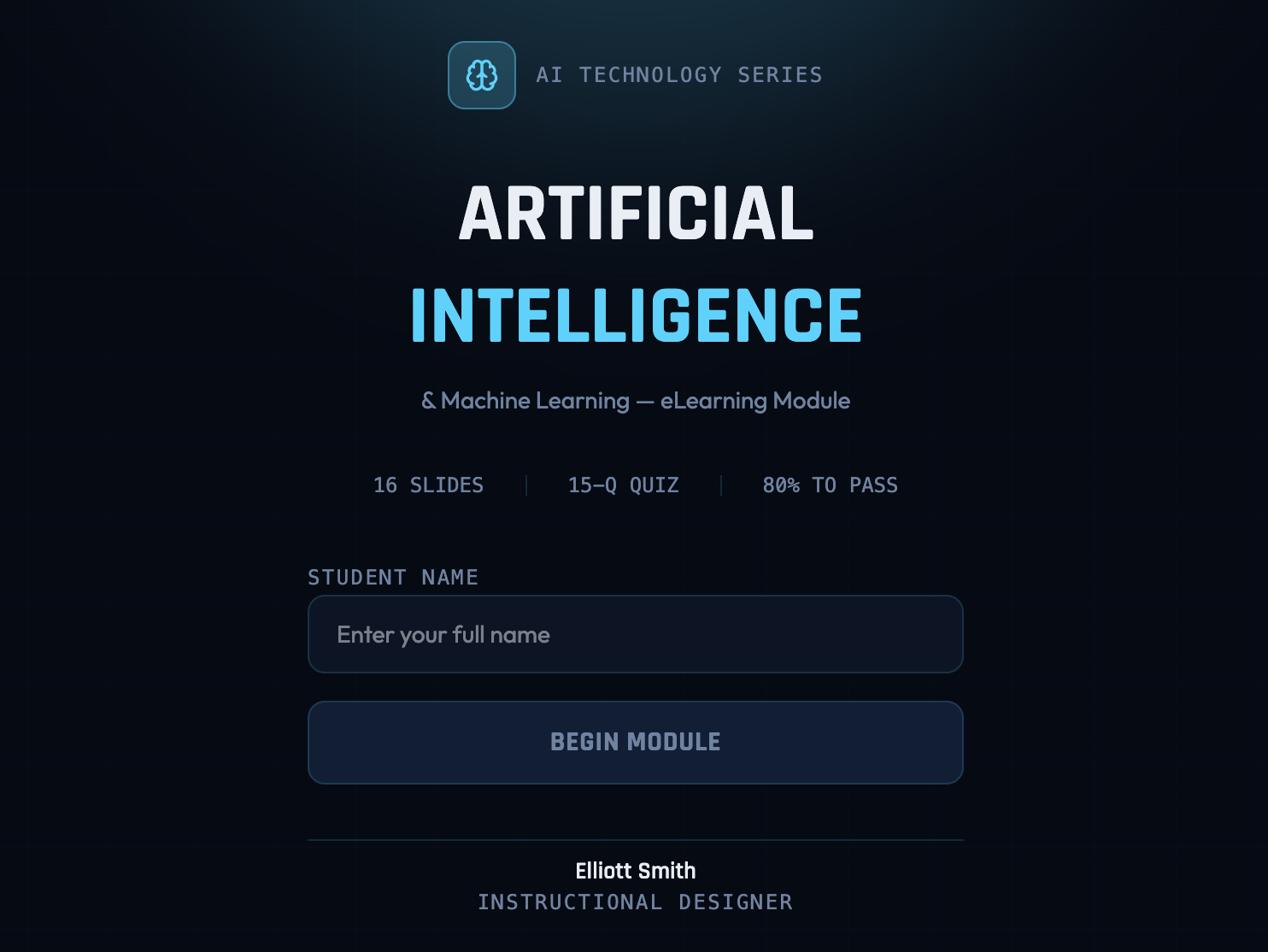 Slide title: Artificial Intelligence, with a dark background and blue and white text, includes a student name input and start button.