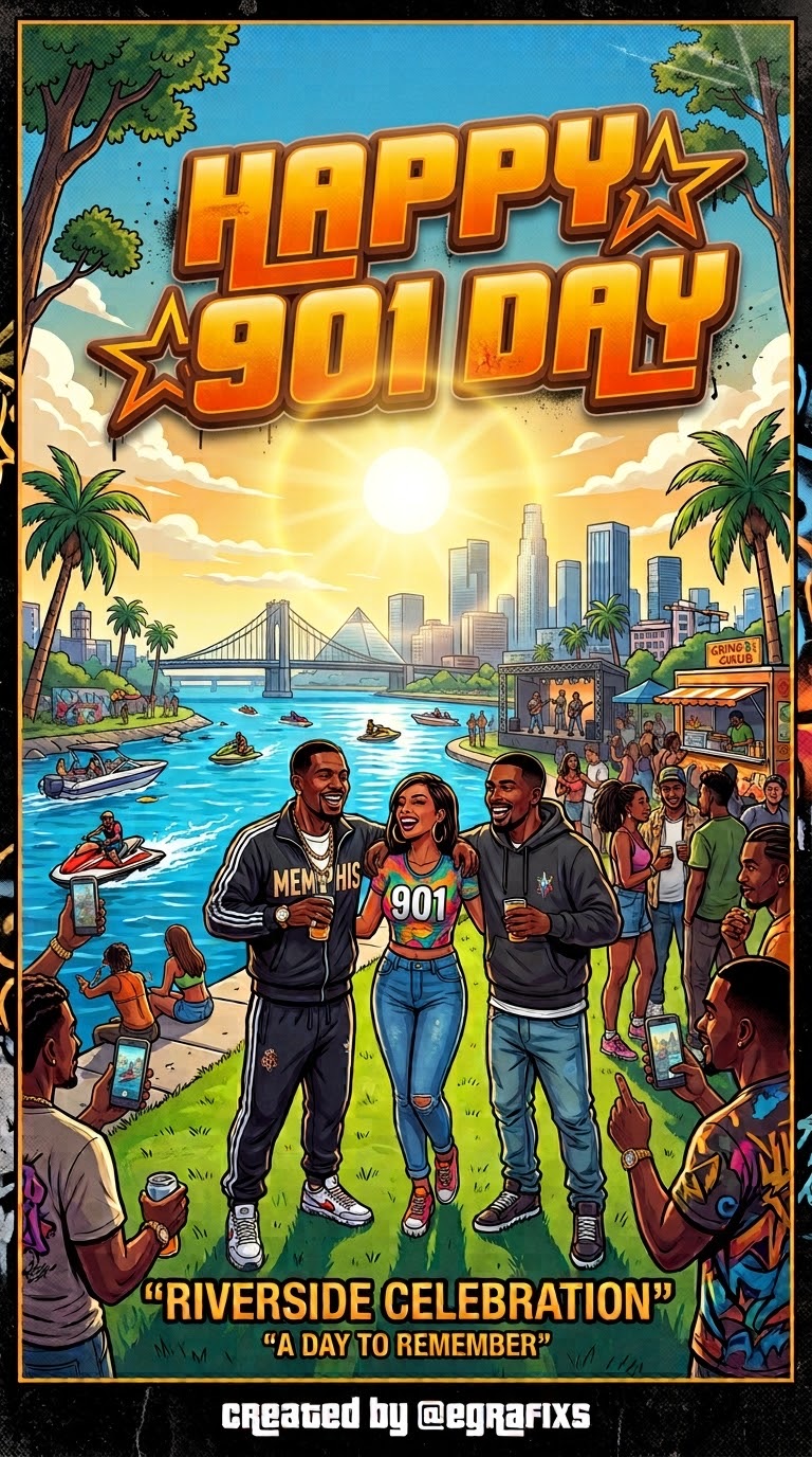 Celebration with people near water, city skyline, trees, and a bright sun, with text 'Happy 901 Day' and 'Riverside Celebration'.