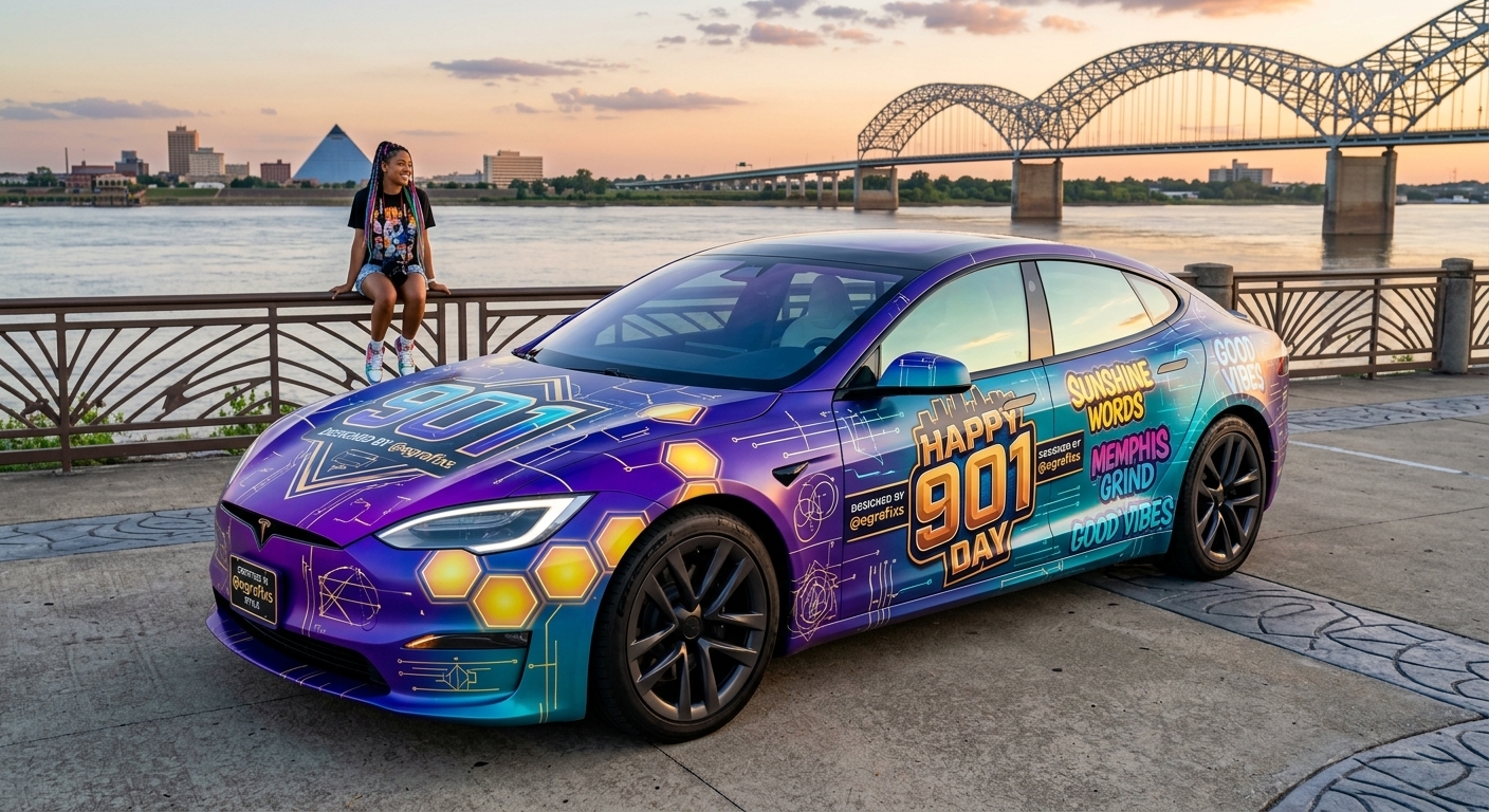 Purple sports car with colorful graphics parked near a river, with a city skyline and bridge in background.