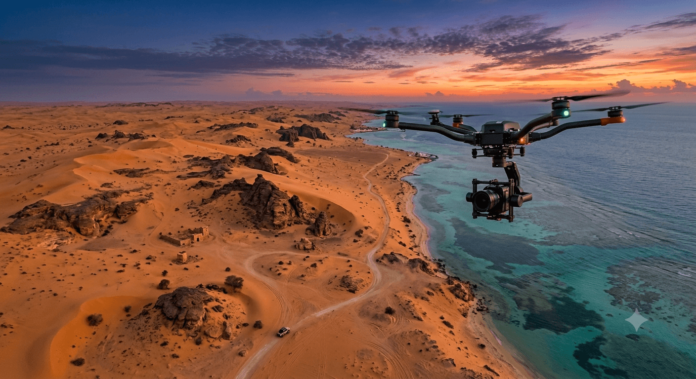 Drone flying over a desert coastline with water and rocky terrain at sunset, sky with clouds and colorful horizon.