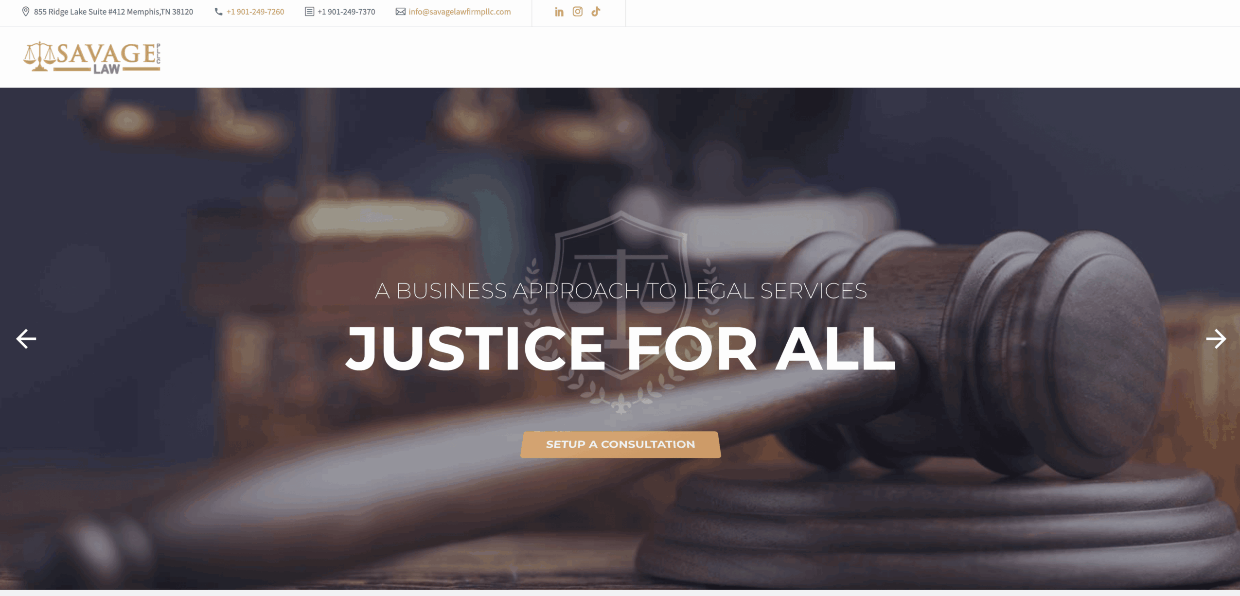 Gavel resting on a sound block with blurred background, text overlay reads 'Justice for All'.