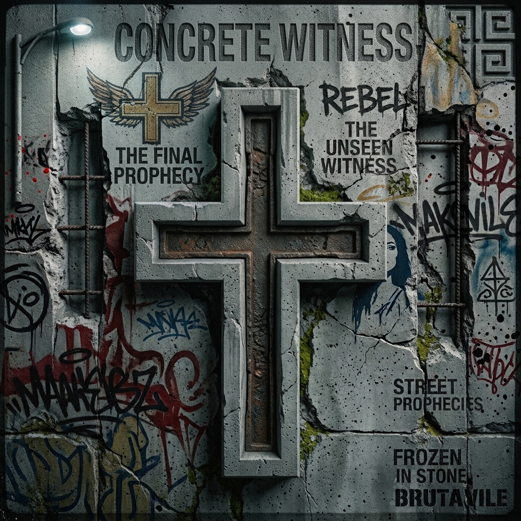 Graffiti-covered wall with a large cross and text including 'CONCRETE WITNESS' and 'REBEL', with various tags and symbols.