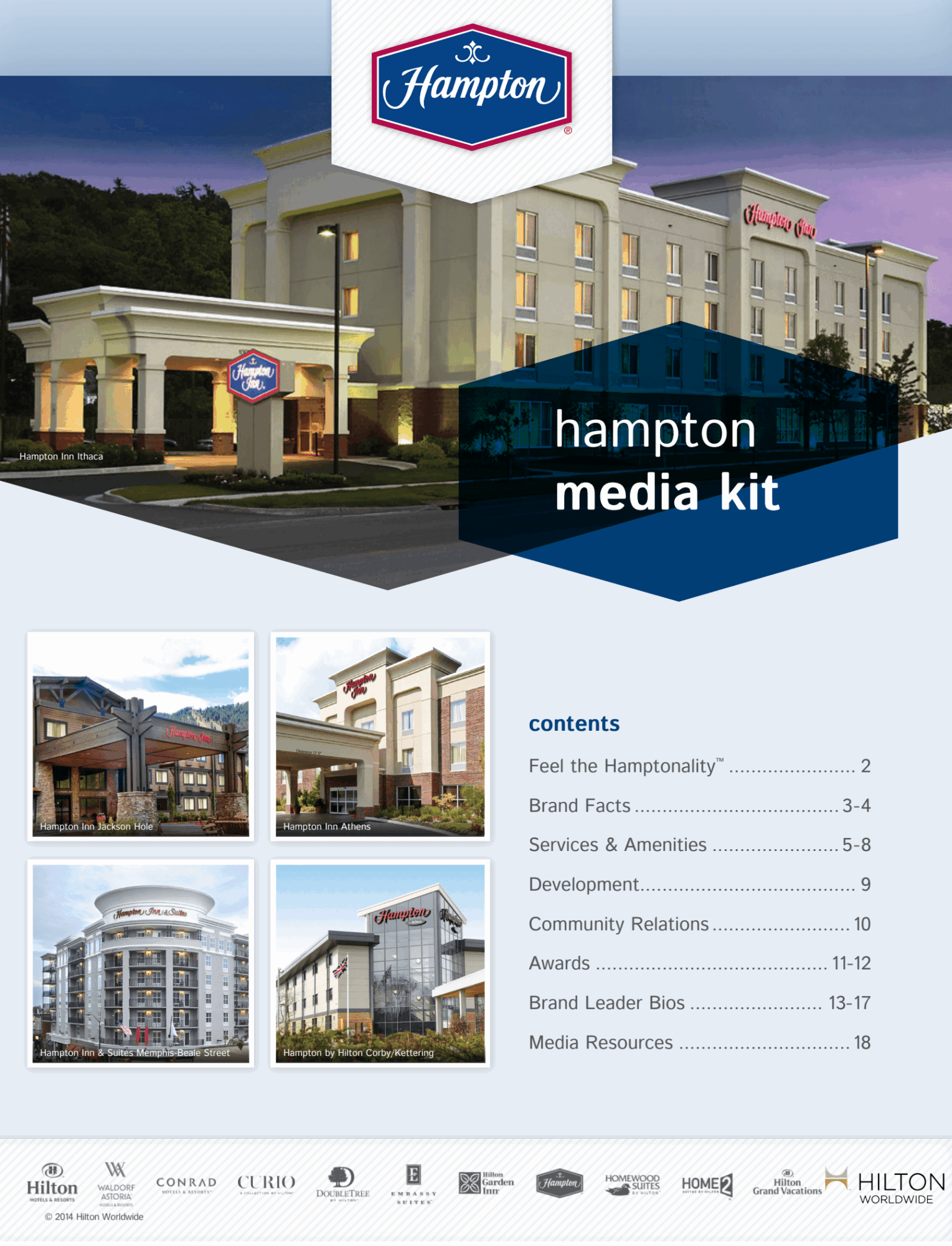 Hampton hotel exterior with sign, building, and landscape, and a media kit cover with contents listed, including brand facts and awards.