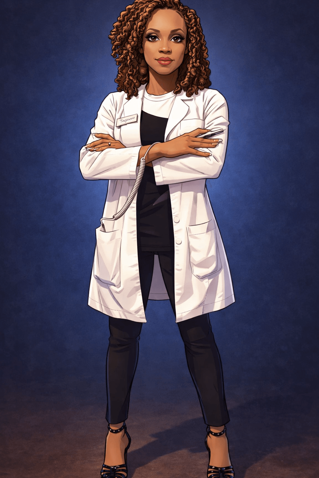 Woman with curly hair in a white coat, black top, and black pants, standing with arms crossed against a dark background.