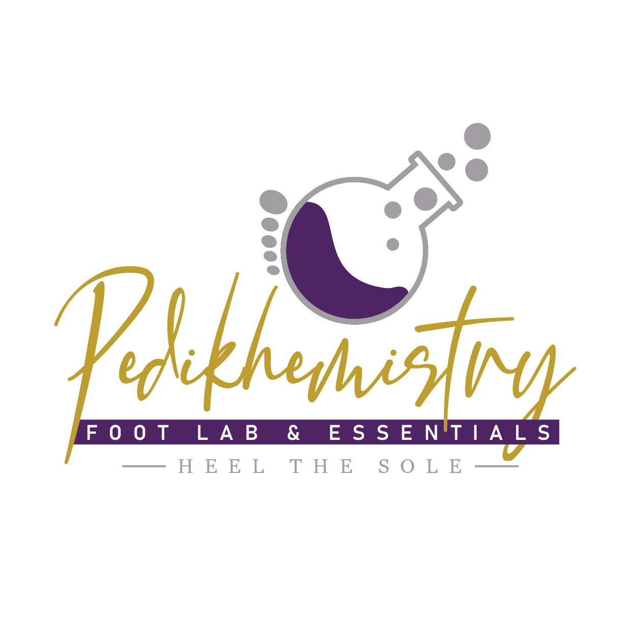 Logo with a test tube, text 'Pedikhemistry', and tagline 'Foot Lab & Essentials' with a purple and gold color scheme.