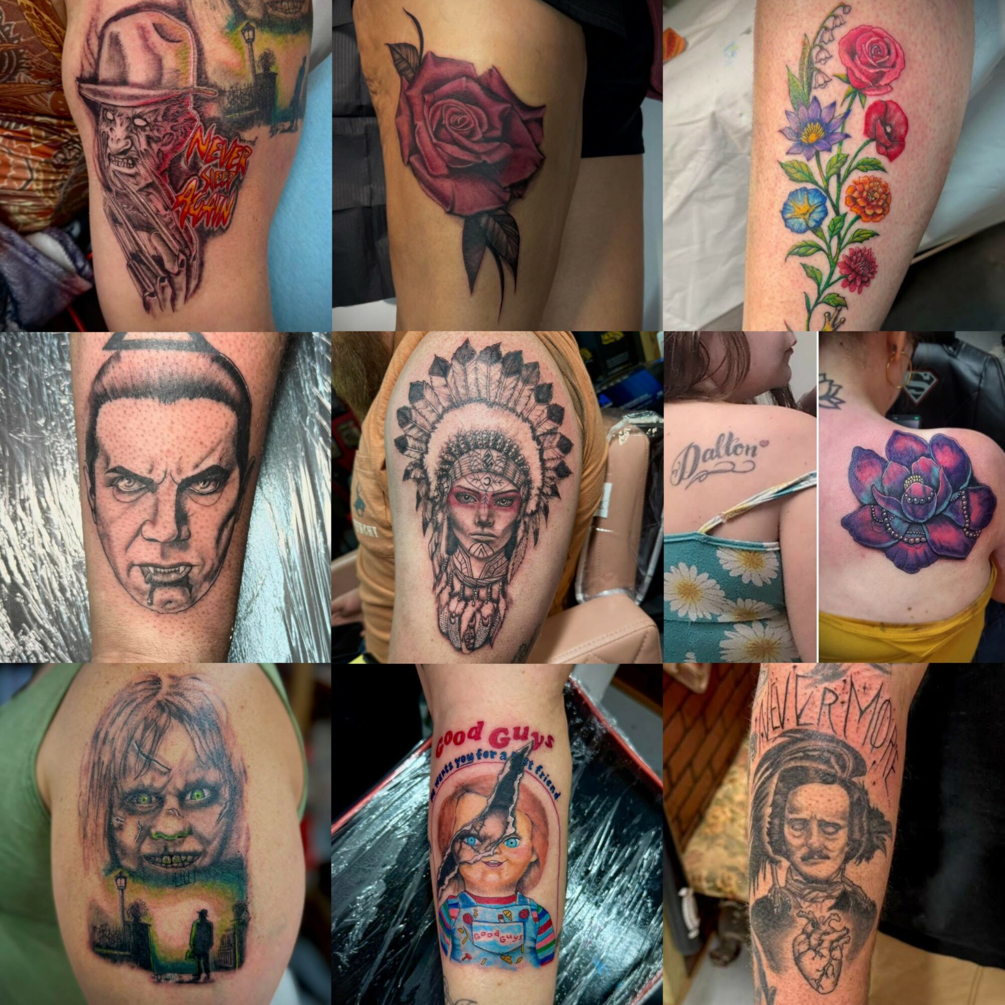 Collection of various colorful and black ink tattoos on different body parts, including flowers, faces, and abstract designs.