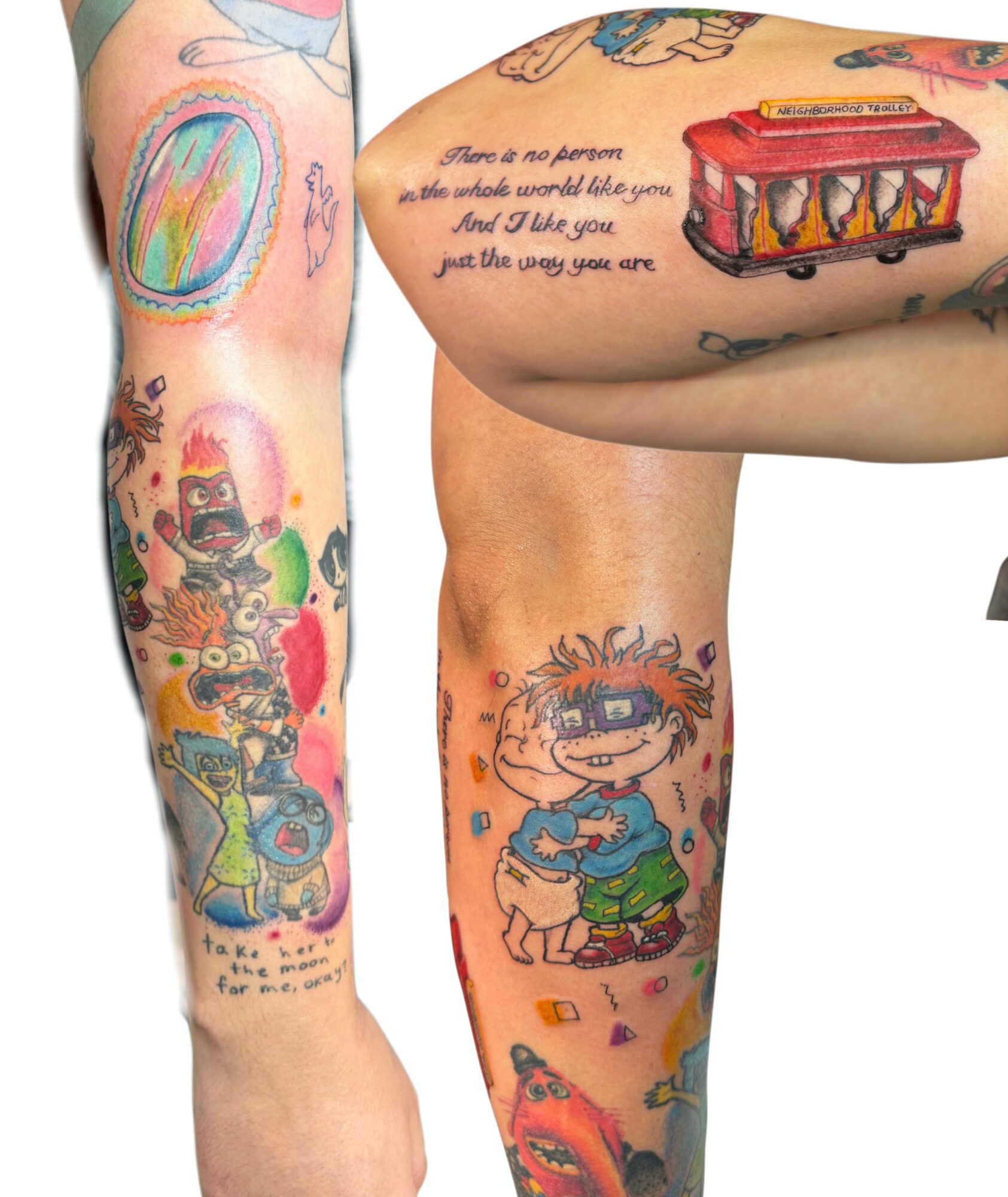 Multiple colorful tattoos on arms and legs, including cartoon characters, a rainbow, and text, with a childlike art style.