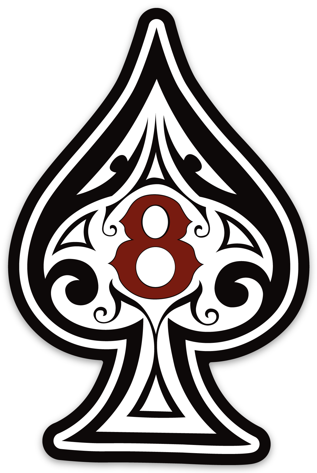Stylized spade symbol with a red number 8 inside, black and white design, decorative patterns, on black background.