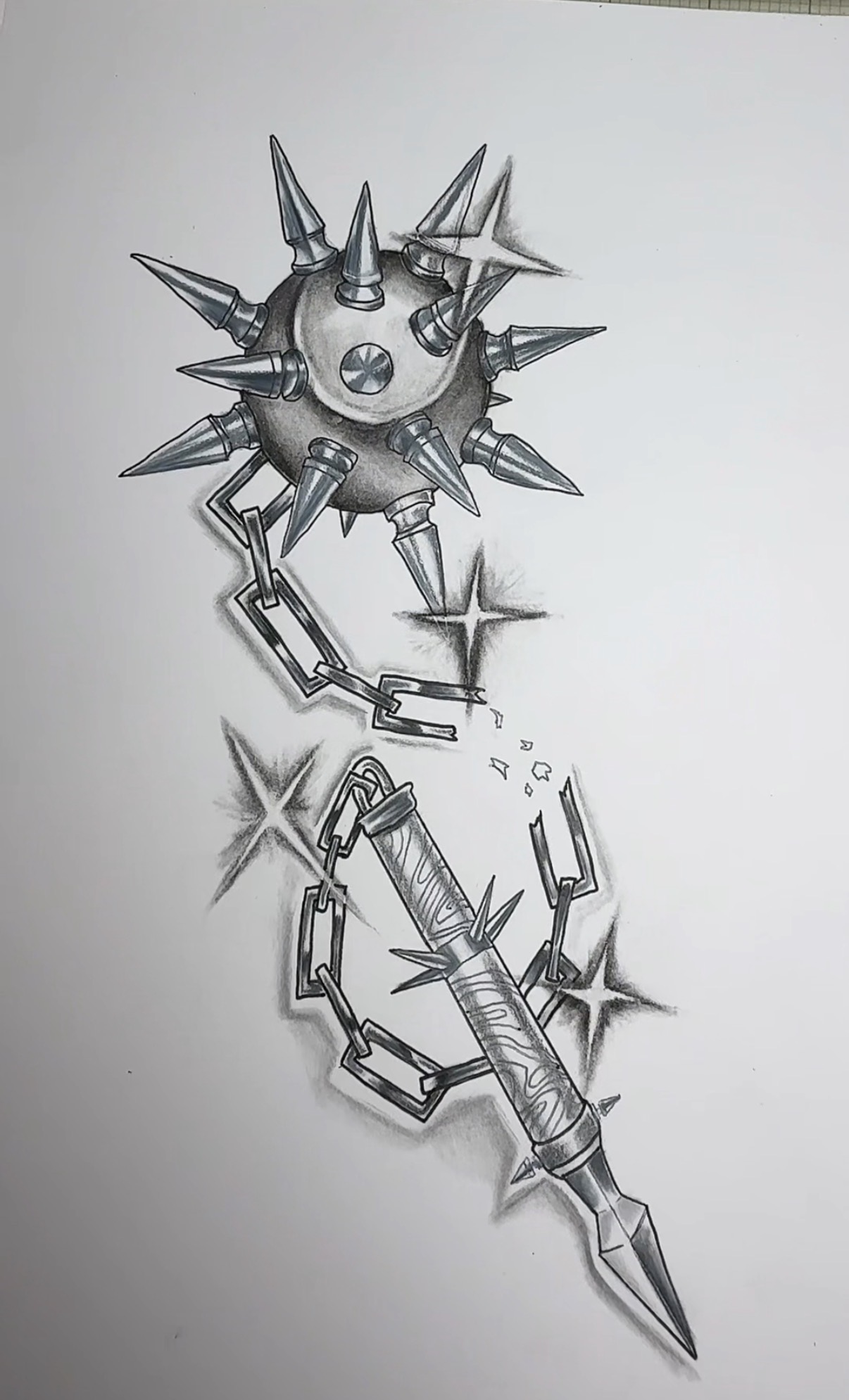 A spiked, metallic, cartoonish weapon with a round, spiked ball and a chain attached to a large, pointed blade.