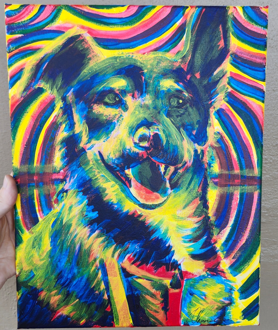 Colorful painting of a happy dog with a rainbow background, vibrant brushstrokes, and a joyful expression.