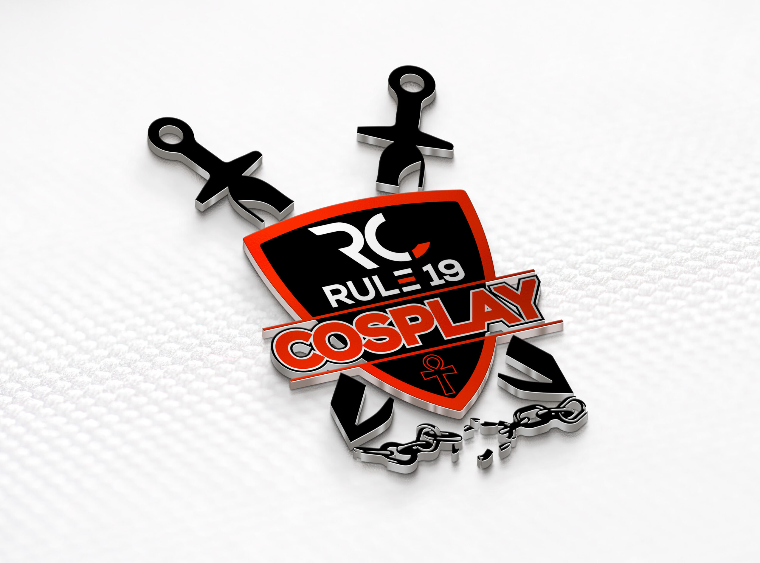 Cosplay badge with RC Rule 19 and chains, on a white textured background.